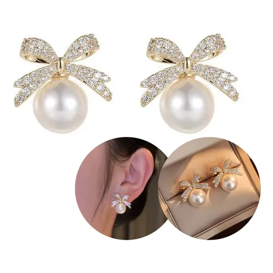Pendientes De Perlas Y Diamantes Con Diseño De Lazo