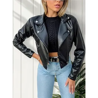 Jaqueta Feminina Courinho Fake Fechamento ZĂper Estiloso Jaqueta Feminina Courinho Fake Fechamento ZĂper Estiloso