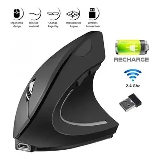 Mouse Vertical Recargable Ergonómico Inalámbrico 6 Botones Color Negro