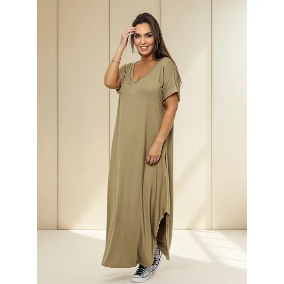 Vestido Largo Manga Corta Con Bolsillos Talles Grandes