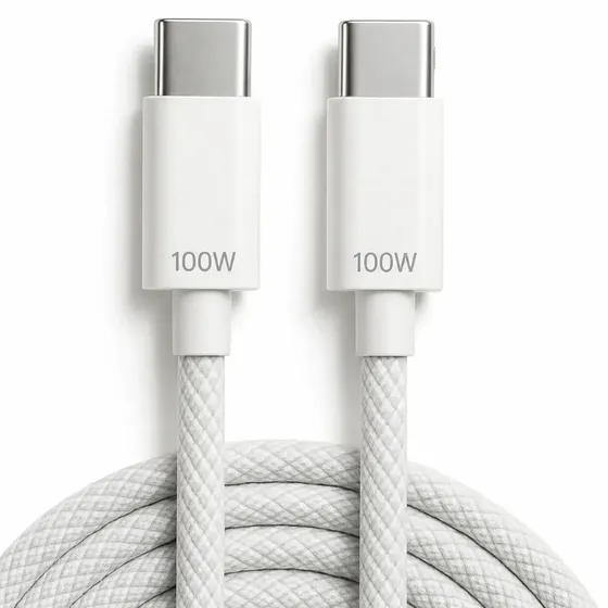 Cabo Carregador USB-C Tipo C Nylon Trançado Ultra Rapido 100w 2 Metros Transferencia De Dados Compativel Com iPhone 15 16 17 Tablet Notebook Samsung Xiaomi LG Motorola Smartwatch Branco Eletric Teck
