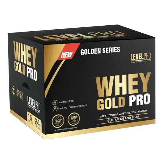 Whey Gold Pro Caja 15 Sachets / Level Pro Sabor Chocolate