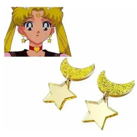Sailor Moon - Brincos Lua Dourada Acrílico Estrela Kawaii
