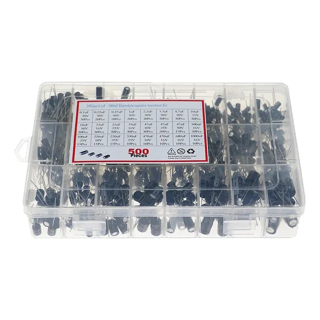 Tecneu Kit 500 Piezas de Capacitores Electrolíticos 24 Valores 0.1uf A 1000uf