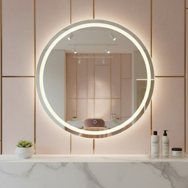 Espelho Redondo 50x50 Jateado Com Luz Led 3 Cores Touch Luxo 3 Cores Led