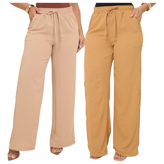 Kit 2 Calça Feminina Duna Pantalona Wide Leg Cintura Alta