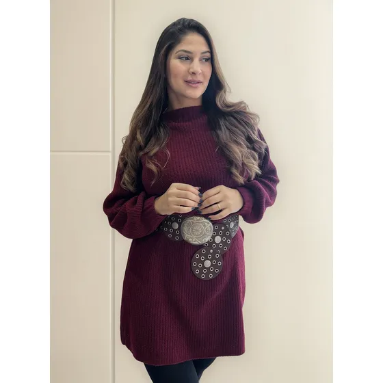 Vestido Tricot Midi Fio Mousse Com Fenda Manga Longa Inverno