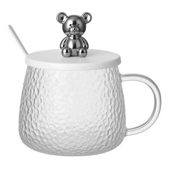 Caneca Copo De Vidro Com Tampa Urso Colher 320ml Diferente
