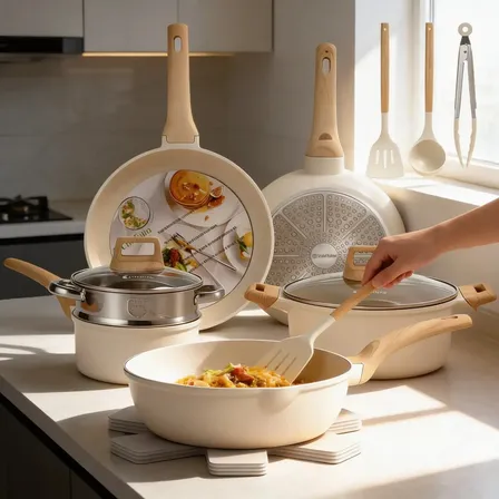 Batería De Cocina 16 Piezas Juego De Ollas Y Sartenes Antiadherente De Ceramica Aluminio Fundido Para Inducción Y Gas,blanco