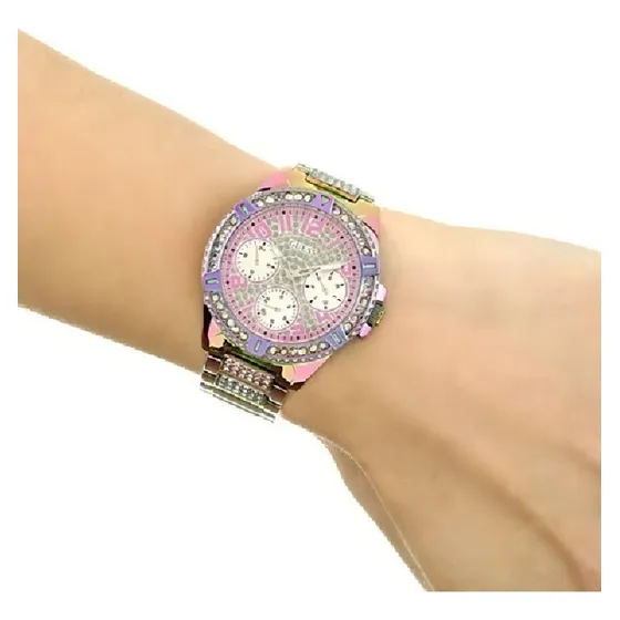 Reloj Guess Gw0044l1 para mujer, vestido lila, color de la correa, bisel fluorescente, color plateado, fondo plateado