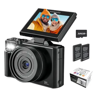 Ourlife Cámara Digital Full Hd 4k Con Pantalla Lcd Giratoria De 180 Grados Color Negro, Cámara Vlog 64mp Zoom 16x Con 2 Baterías Y Tarjeta Tf 32 Gb