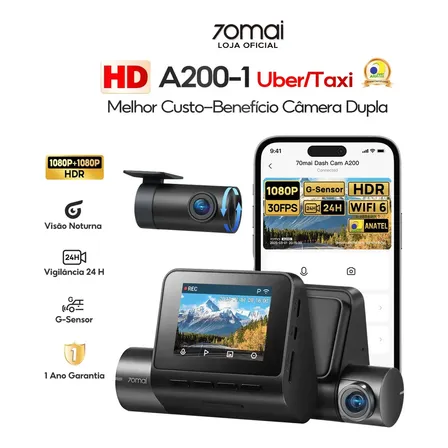 Câmera Veicular 70mai A200-1 Full HD 1080p HDR + 1080P 2" Tela Wi-Fi APP 24H Visão Noturna/ Câmera Traseira Uber Nightvis