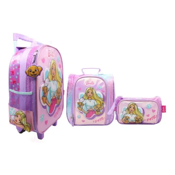 Mochila Barbie C/ Ruedas + Cartuchera Y Lonchera Lila