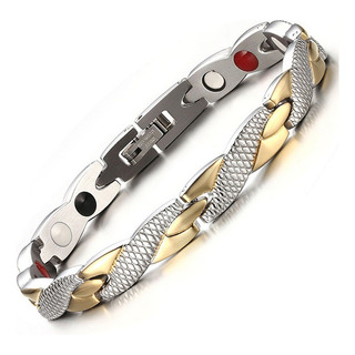 Pulseira Trançada Detalhes A Ouro 18k Magnética Aço Inox Pulseira Trançada Detalhes A Ouro 18k Magnética Aço Inox