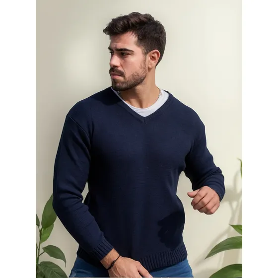 Sweater Hombre Lana Liso Pullover Clasico Tejido Escote V