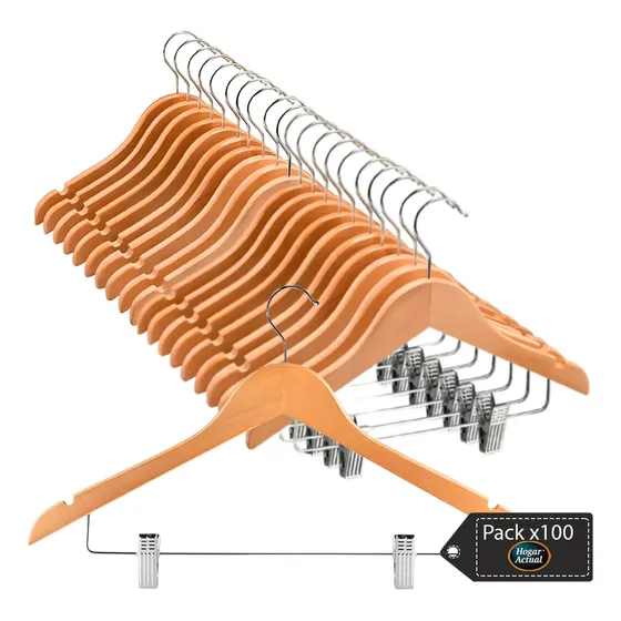 Pack X100 Perchas De Madera Al Mayor Hogar Actual Lustradas Barnizadas Con Broches/ganchos Premium Alta Resistencia