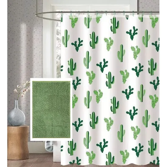 Combo Set Cortina Baño Estampada + Alfombra Shaggy + Ganchos