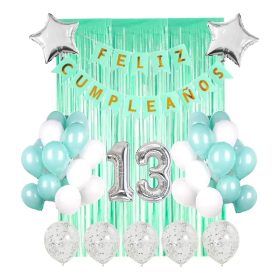 Combo Deco Feliz Cumple Verde Agua Pastel Cortina Banderin