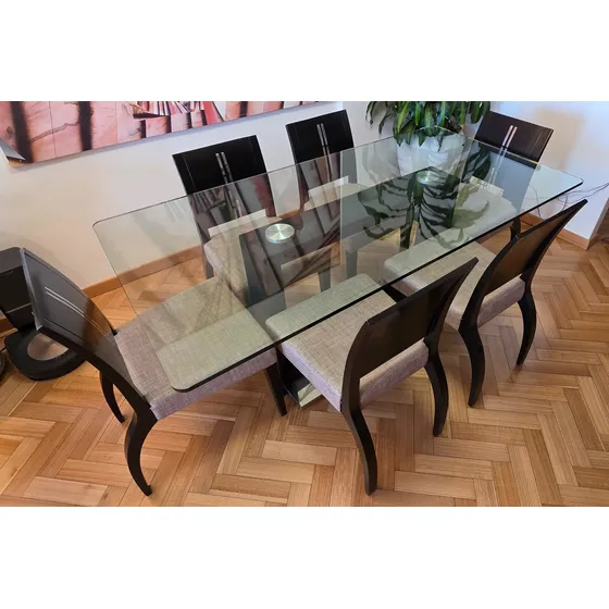 Mesa Comedor Vidrio 1,80 X 0,90 Base Laqueada + 6 Sillas Mad