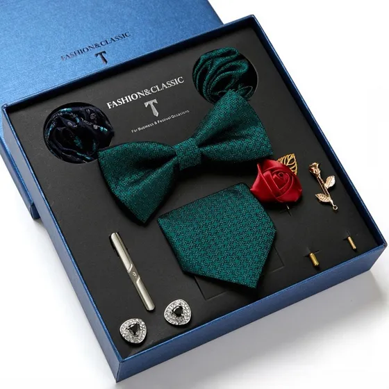 Corbata Hombre+pañuelo+mancuernillas+pajarita+clip Corbata Color Verde Oscuro