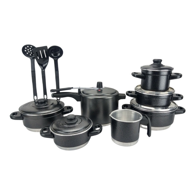 Jogo De Panelas + Panela De Pressão 4.5l + Espátulas Preto Jogo De Panelas + Panela De Pressão 4.5l + Espátulas Preto