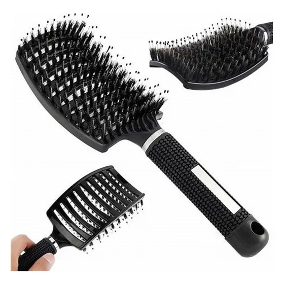 Escova De Cabelo Raquete Vazada Curva Cerda Dupla Branca