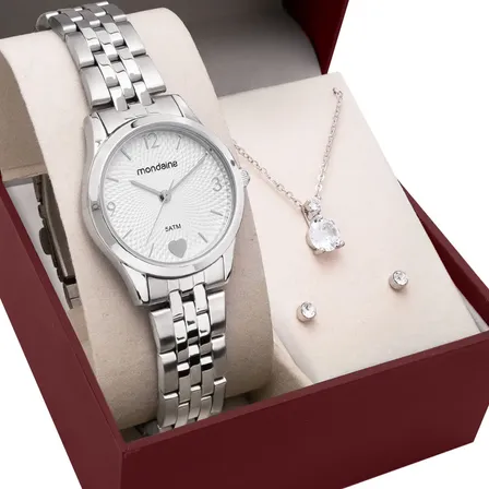 Kit Relógio Mondaine Feminino Prata Analógico Correia Prateado Bisel Preteado Fundo Branco