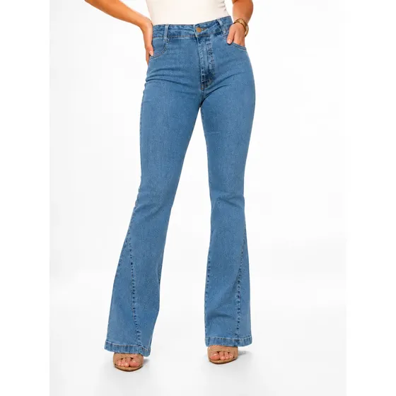Calça Jeans Feminina Country Flare Cós Alto Com Elastano