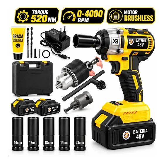 Chave De Impacto A Bateria Mandril 1,2 Quadrado Torque 520 Nm 0-4000 Rpm Velocidade Variável Carregador Bivolt Motor Sem Escova E Acessórios CNC DO BRASIL