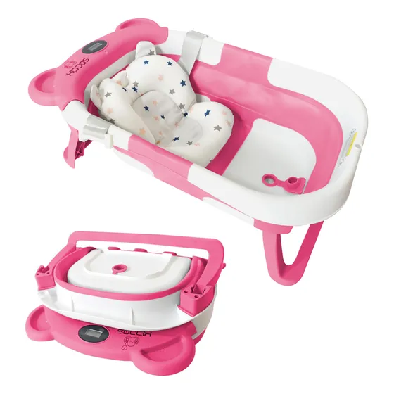 Bañera Plegable Kiddos Bebés Portátil Tina De Baño Viaje Amplia Cómoda Resistente Incluye Cojín Y Termómetro Con Orejas Color Rosa