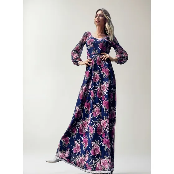 Vestido Largo Azul Flores Fiesta Manga Larga Cinto Strass