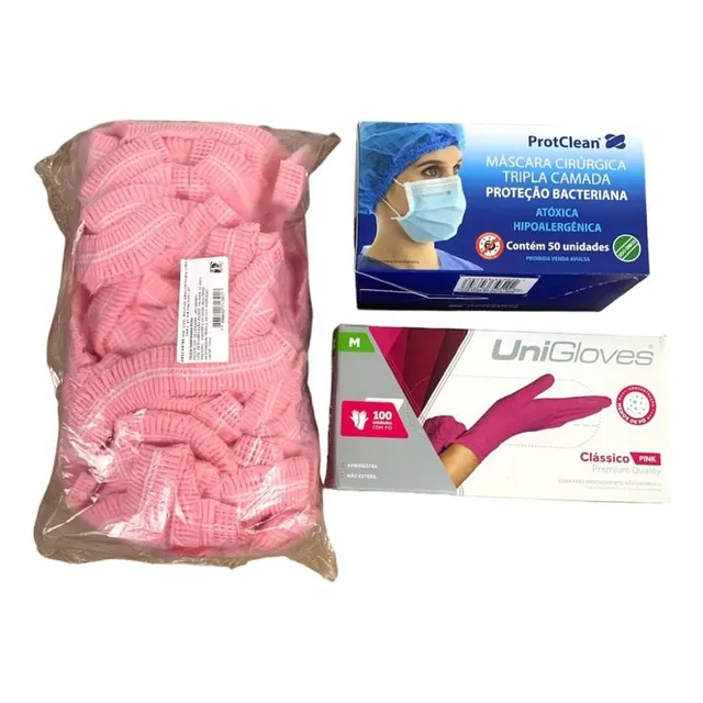 Kit Rosa De Touca, Máscara E Luva De Látex Rosa Unigloves
