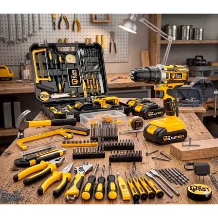 Furadeira De Impacto A Bateria + Kit De Acessórios 147 Pçs Amarelo E Preto