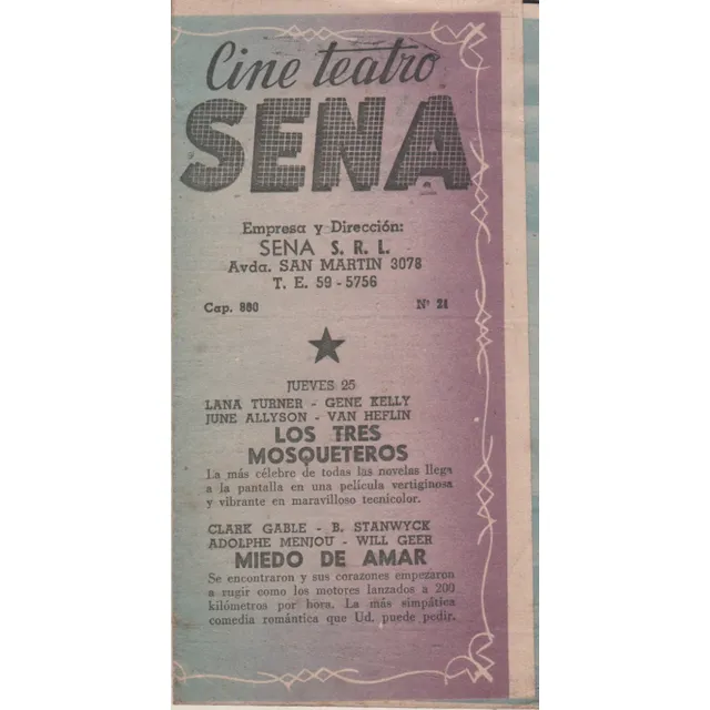 Antiguo Programa Cine ** Teatro Sena ** Año 1952 - Unico