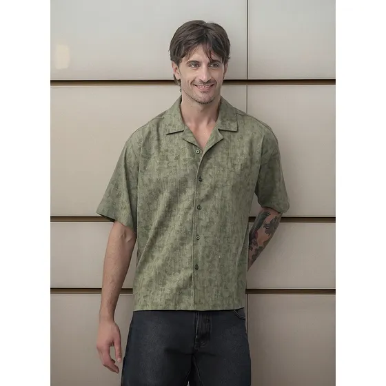 Camisa Lino Lisa Hombre Cara Cruz Jeans Boxy Fit Lavada