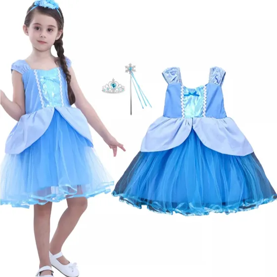 Vestido De Cenicientapara Niñas Disfraz Carnaval Halloween Azul 120