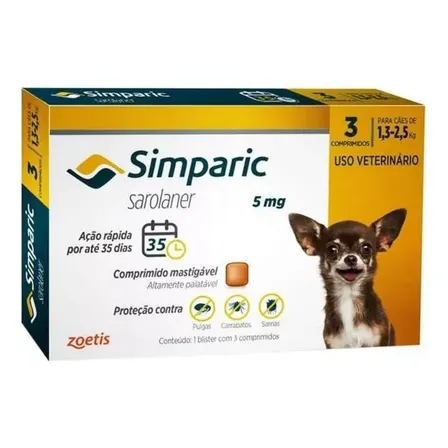Zoetis Simparic 5mg Anti Pulgas Carrapatos Cães 1,3 A 2,5kg 3 Comprimidos + Brinde