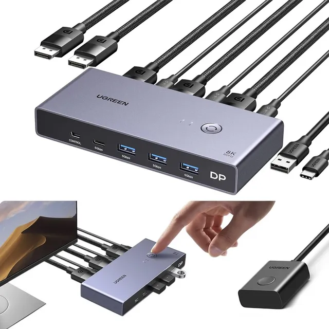 Conmutador Kvm Displayport 1.4 8k@60hz Usb 3.0 Tipo C Ugreen