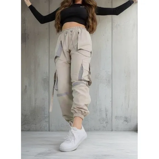 Calça Feminina Cargo Tactel Com Bolsos Grandes Correntes