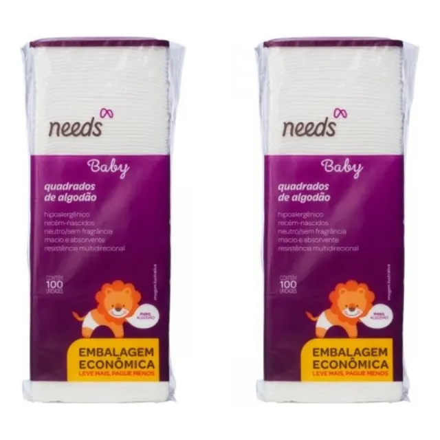 Kit Algodao Quadrado Needs Baby 100 Unidades C/ 2 Pacotes
