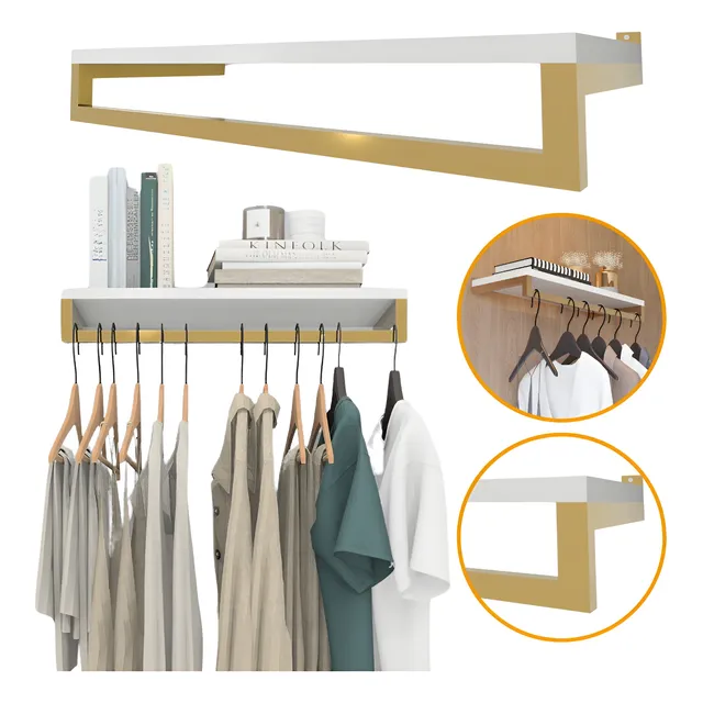 Cabideiro Arara Dourada Com Prateleira Mdf Closet Roupas