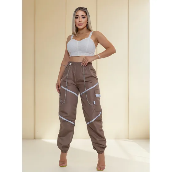 Calça Feminina Refletiva Faixas Cargo Corrente Coreano Tacte