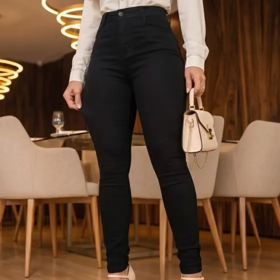 Calça Jeans Feminina Preta Cintura Alta Com Lycra Modeladora