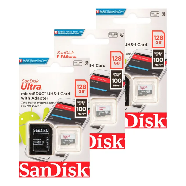 Pack X3 Memorias Micro Sd 128 Gb Sandisk Clase 10 Celulares
