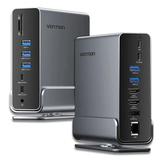 Docking Station Vention - 15 En 1 - Hdmi 4k 60hz + Display Port - Mst Sst - Usb 10 Gbps - Lector De Tarjetas Sd Tf - Rj45 Gigabit 1000 Mbps - Aux 3.5 - Premium Aluminio - 100w - 3 Monitores - Tpuh0