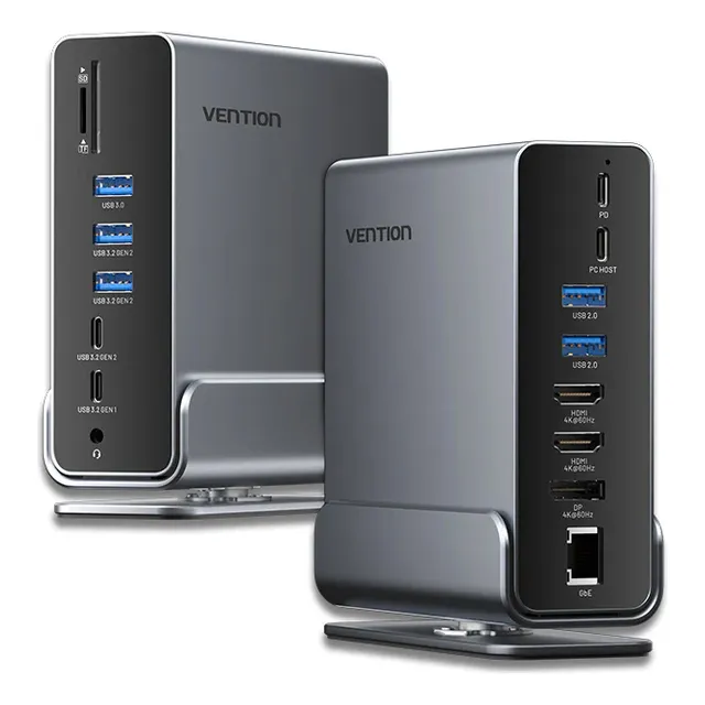 Docking Station Vention - 15 En 1 - Hdmi 4k 60hz + Display Port - Mst Sst - Usb 10 Gbps - Lector De Tarjetas Sd Tf - Rj45 Gigabit 1000 Mbps - Aux 3.5 - Premium Aluminio - 100w - 3 Monitores - Tpuh0