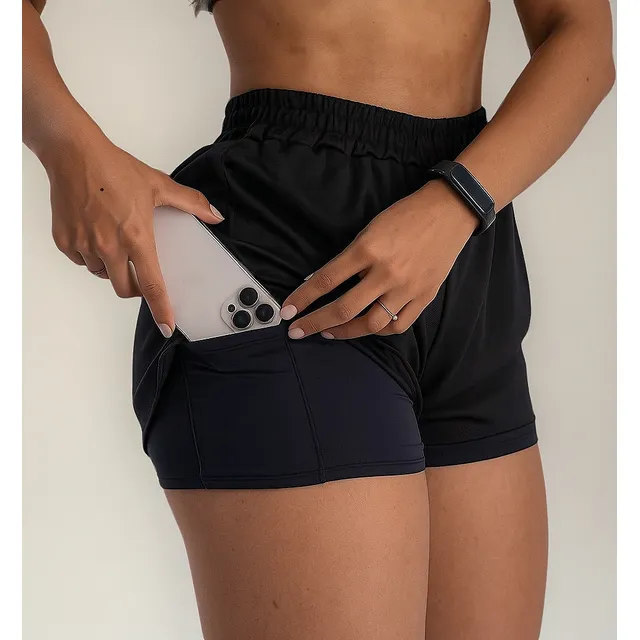 Shorts 2 Em 1 Feminino Academia Duplo Bolso Interno Corrida