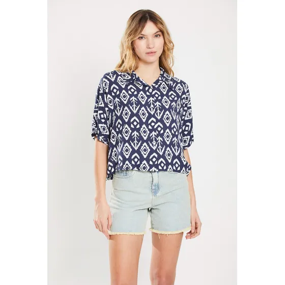 Camisa Geometrica Rayon Estampado  Midnight Blue Koxis Mujer