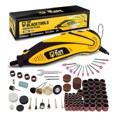 Micro Retífica Portátil Elétrica 135W 32000 Rpm Com Acessórios + Kit 150 Peças Acessórios The Black Tools