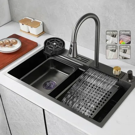 Cuba Pia De Cozinha Gourmet Inox 304 Com Torneira Acessórios Preto